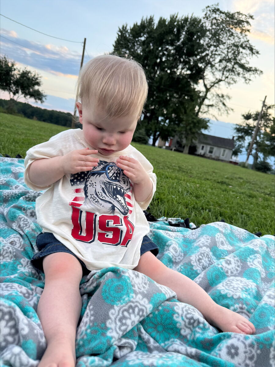 Nehemiah, a toddler with light blonde hair, sits on a picnic blanket. He's wearing a shirt with a picture of a dinosaur wearing sunglasses with the american flag behind it and "USA" underneath.