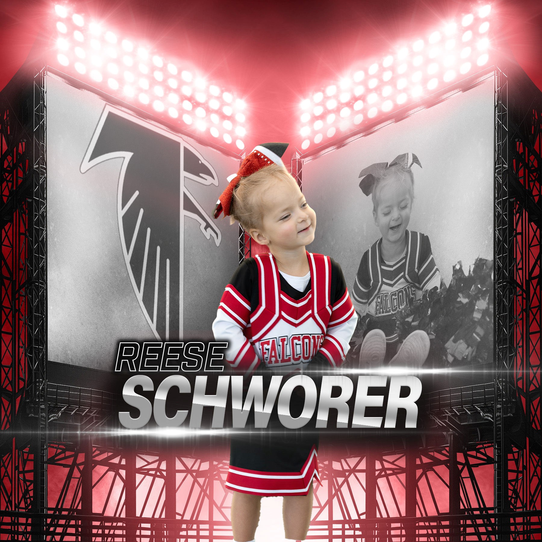 Reese wears a cheerleading uniform that says Falcons across the chest. The uniform is black, red and white. Reese is smiling in the center of the photo, with a black and white photo of her in the background to the right. A gray falcon logo is behind her to the left.