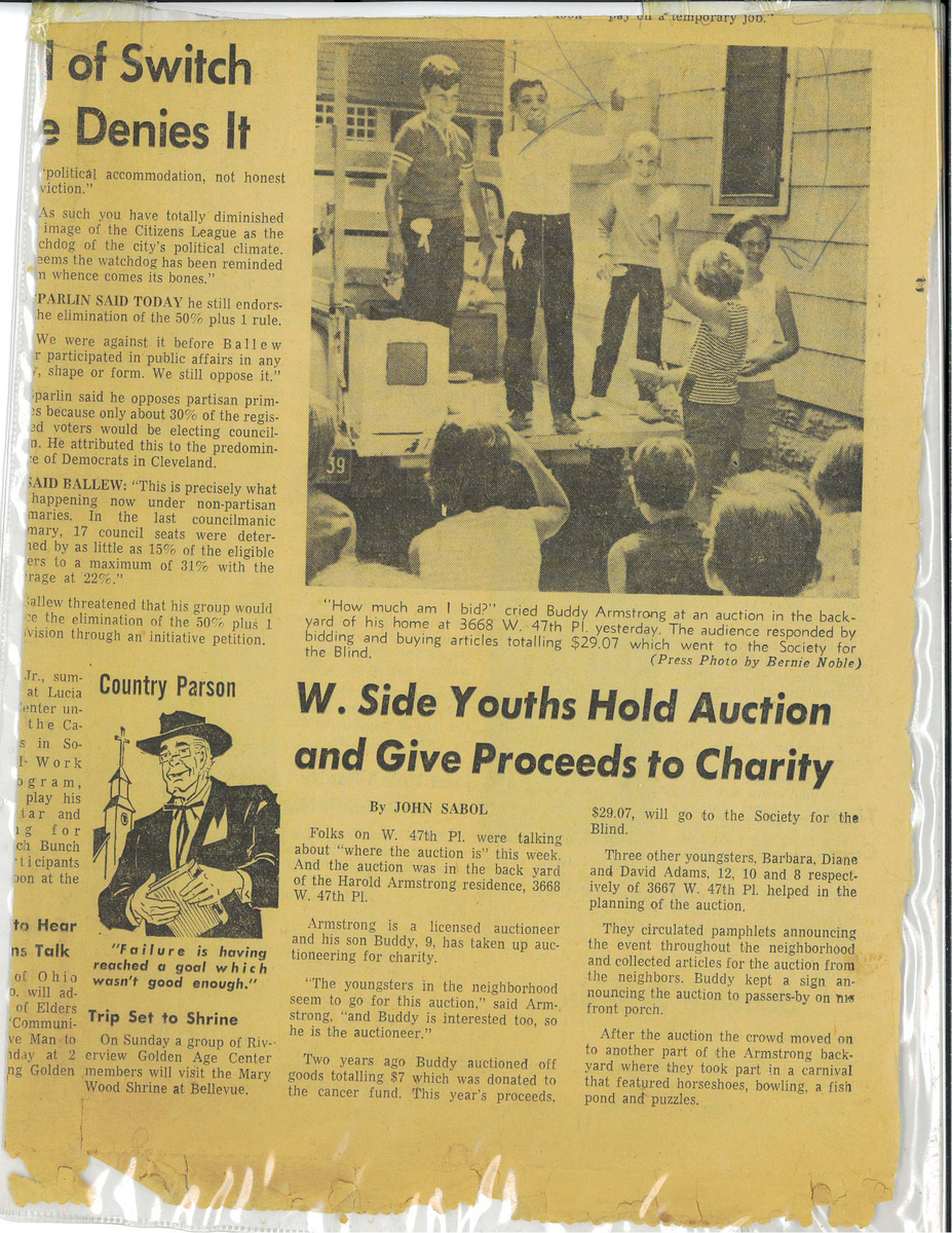 A digital scan of the front page of the newspaper featuring Dave and his friends as kids raising money for CSC. The headline reads "W. Side youths Hold Auction and Give Proceeds to Charity"