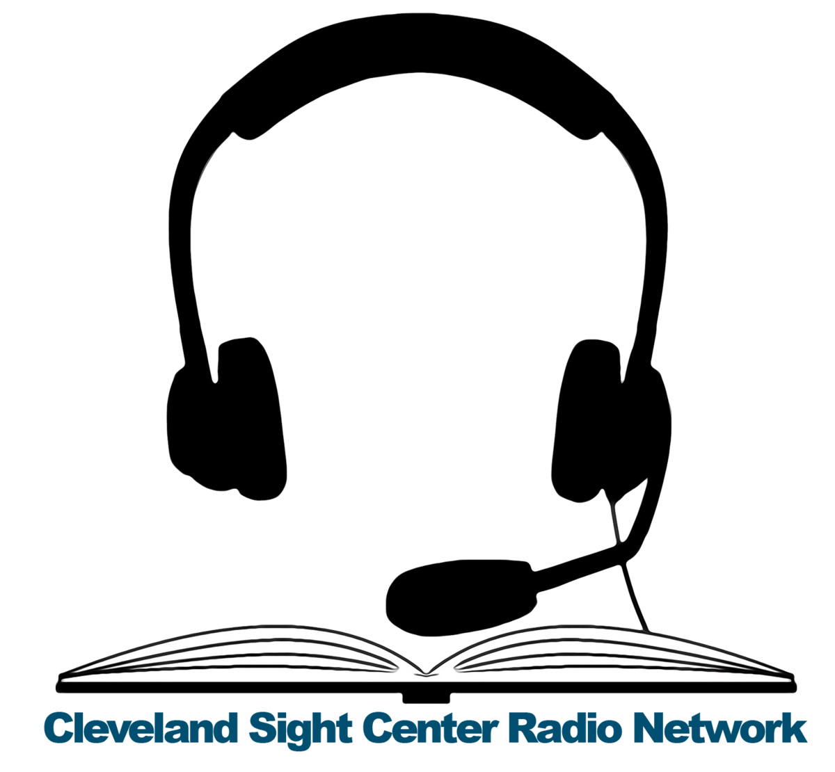Image of an open book with headphones on top with the text Cleveland Sight Center Radio Network below the images